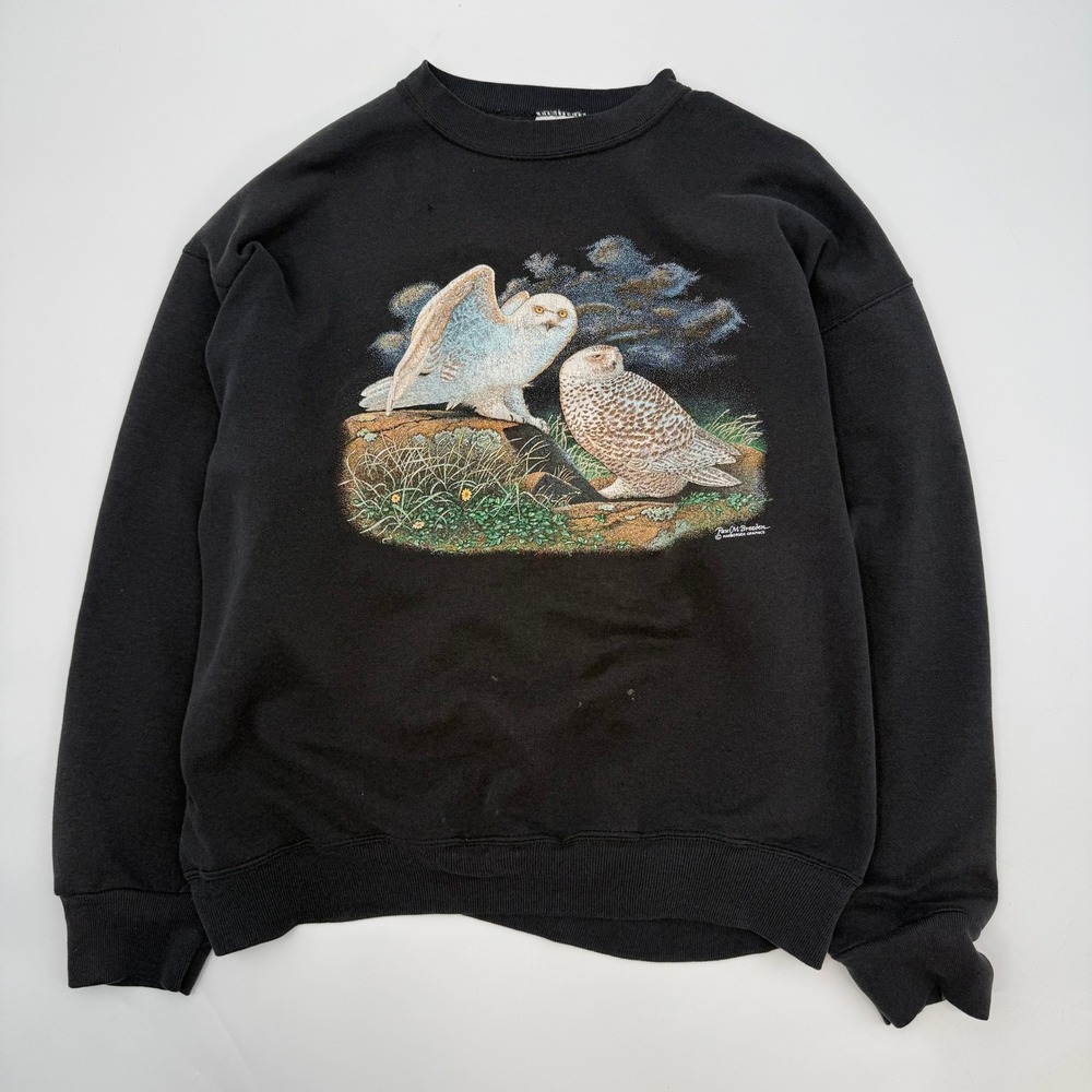 Tultex Unisex XL Sweatshirt Black Vintage 90s Snowy Owl Paul M Breeden Graphic